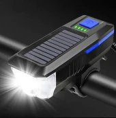 Güneş Enerjili Usb Şarjlı Bisiklet Lambası Solar Fener Ön Far Işık Aydınlatma Kornalı Mavi - 1
