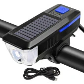 Güneş Enerjili Usb Şarjlı Bisiklet Lambası Solar Fener Ön Far Işık Aydınlatma Kornalı Mavi - 2
