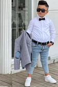 Erkek Çocuk Çizgili Blazer Ceket Kot Pantolon Mavi Alt Üst Takım - 3