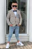 Erkek Çocuk Çizgili Blazer Ceket Kot Pantolon Sarı Alt Üst Takım - 4