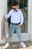 Erkek Çocuk Çizgili Blazer Ceket Kot Pantolon Sarı Alt Üst Takım thumbnail 5