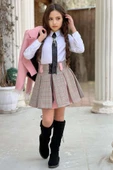 Kız Çocuk Blazer Ceket, Kravat Çizgili Pembe Etekli Takım thumbnail 3