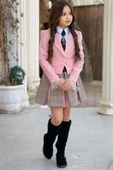 Kız Çocuk Blazer Ceket, Kravat Çizgili Pembe Etekli Takım thumbnail 1