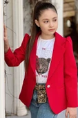 Kız Çocuk Leopar Yazı ve Digital Baskılı Tişört Bol Kesim Pantolon Kırmızı Blazer Ceket Alt Üst Takım thumbnail 4