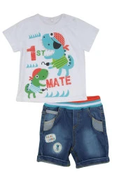 Erkek Bebek Mavi Baskılı T-Shirt ve Kot Şort Takım (6ay-4yaş) - 1