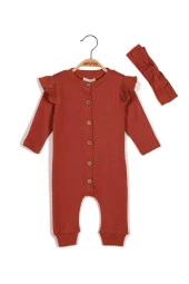 Gots Sertifikalı %100 Organik Pamuk Kolları Fırfırlı Tulum ve Bandana Takım (0-24ay) - 3