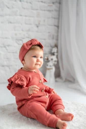 Gots Sertifikalı %100 Organik Pamuk Kolları Fırfırlı Tulum ve Bandana Takım (0-24ay) - 1