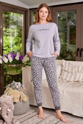 Kadın Kedi Baskılı Pijama Takımı - 1