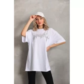 Lucky Life Unisex Taş Desenli Oversize T-Shirt - Beyaz - 4