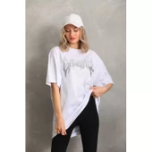 Lucky Life Unisex Taş Desenli Oversize T-Shirt - Beyaz - 2