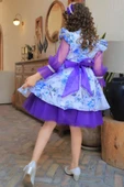 Kız Çocuk Üzeri Çiçek Desenli Omuzu ve Kolları Fırfır Detaylı Taş İşlemeli Mor Elbise thumbnail 4