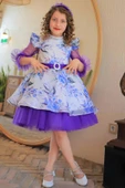 Kız Çocuk Üzeri Çiçek Desenli Omuzu ve Kolları Fırfır Detaylı Taş İşlemeli Mor Elbise thumbnail 1