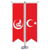 Kırmızı Hilal Bozkurt Bayrağı ve Türkiye - Kırlangıç - Saten T direk 2li Masa Bayrağı - 1