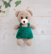 Yeşil Tulumlu Sevimli Ayıcık Amigurumi Organik Oyuncak - 1