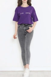 Beli Lastikli Crop Tişört Mor - 2