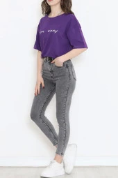 Beli Lastikli Crop Tişört Mor - 4