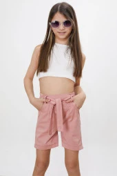 Pembe Beli Lastikli Kuşaklı Kız Çocuk Şort 18480 - 1
