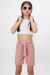 Pembe Beli Lastikli Kuşaklı Kız Çocuk Şort 18480 - 3