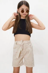 Bej Beli Lastikli Kuşaklı Kız Çocuk Şort 18478 - 3