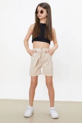 Bej Beli Lastikli Kuşaklı Kız Çocuk Şort 18478 - 4