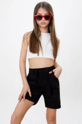 Siyah Beli Lastikli Kuşaklı Kız Çocuk Şort 18477 - 1