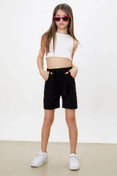 Siyah Beli Lastikli Kuşaklı Kız Çocuk Şort 18477 - 2