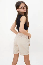 Bej Beli Lastikli Kuşaklı Kız Çocuk Şort 18478 - 6