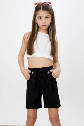Siyah Beli Lastikli Kuşaklı Kız Çocuk Şort 18477 - 3