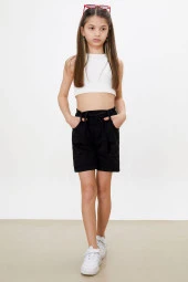 Siyah Beli Lastikli Kuşaklı Kız Çocuk Şort 18477 - 4