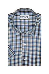 Desenli Kısa Kollu Mavi Erkek Gömlek - 1