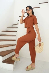 Kaplama Düğme Detaylı Açık Kahve Alt Üst Crop Top Takım - 1