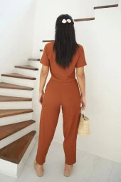 Kaplama Düğme Detaylı Açık Kahve Alt Üst Crop Top Takım - 2