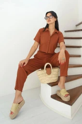 Kaplama Düğme Detaylı Açık Kahve Alt Üst Crop Top Takım - 3