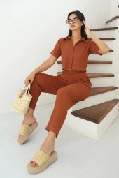 Kaplama Düğme Detaylı Açık Kahve Alt Üst Crop Top Takım - 4