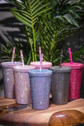 PAMİRAVMParlak Taşlı Pipetli Çift Kat Soğuk İçecek İçin Şık 500ml Mug Termos Bardak - 2