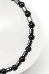 Oniks - Hematit Doğal Taş Makrome Örme Bileklik Küre Kesim thumbnail 2