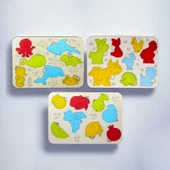 Ahşap 3 lu Eğitici Öğretici Set Yapboz Puzzle Bultak Çocuk Oyuncağı, Hayvan, Meyve, Deniz - 1