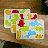 Ahşap 3 lu Eğitici Öğretici Set Yapboz Puzzle Bultak Çocuk Oyuncağı, Hayvan, Meyve, Deniz - 2