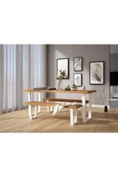 NUR AHŞAP Kahverengi Ahşap Çift Banklı Masa Takımı - 2