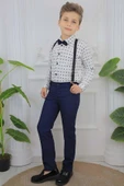 Erkek Çocuk Desenli Gömlek, Papyon ve Askılı Lacivert Pantolon Alt Üst Takım thumbnail 1