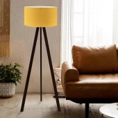 Art Tripod Ahşap Ayaklı Lambader Köşe Lambası Sarı Kumaş Salon Oturma Odası - 1
