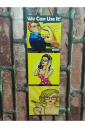 Retro Time Kadın Kabartmalı Baskı 3'lü Tablo Woman - 1