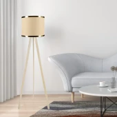 Krem Ahşap Üç Ayaklı Tripod Lambader Bej Kumaş Hazır Başlık Gold Şeritli Köşe Lambası - 1