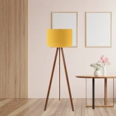 Pratik Ahşap Tripod Ayak Sarı Başlık Lambader Salon Yatak Odası Köşe Lambası - 1