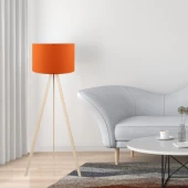 Pratik Ahşap Tripod Ayaklı Turuncu Başlıklı Lambader Oturma Odası Salon Köşe Lambası - 1
