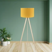 Pratik Krem Ahşap Üç Ayaklı Lambader Sarı Kumaş Silindir Başlık Salon Yatak Odası Köşe Lambası - 1