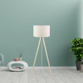 Pratik Ahşap Üç Ayaklı Lambader Krem Ayak Krem Kumaş Başlık Salon Yatak Odası Okuma Köşe Lambası - 2