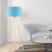 Pratik Krem Ahşap Üç Ayaklı Lambader Mavi Kumaş Başlık Salon Yatak Odası Köşe Lambası - 1
