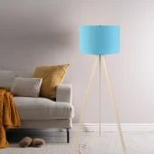 Pratik Krem Ahşap Üç Ayaklı Lambader Mavi Kumaş Başlık Salon Yatak Odası Köşe Lambası - 2