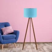 Pratik Ahşap Üç Ayaklı Lambader Mavi Başlık Salon Yatak Odası Köşe Lambası - 1